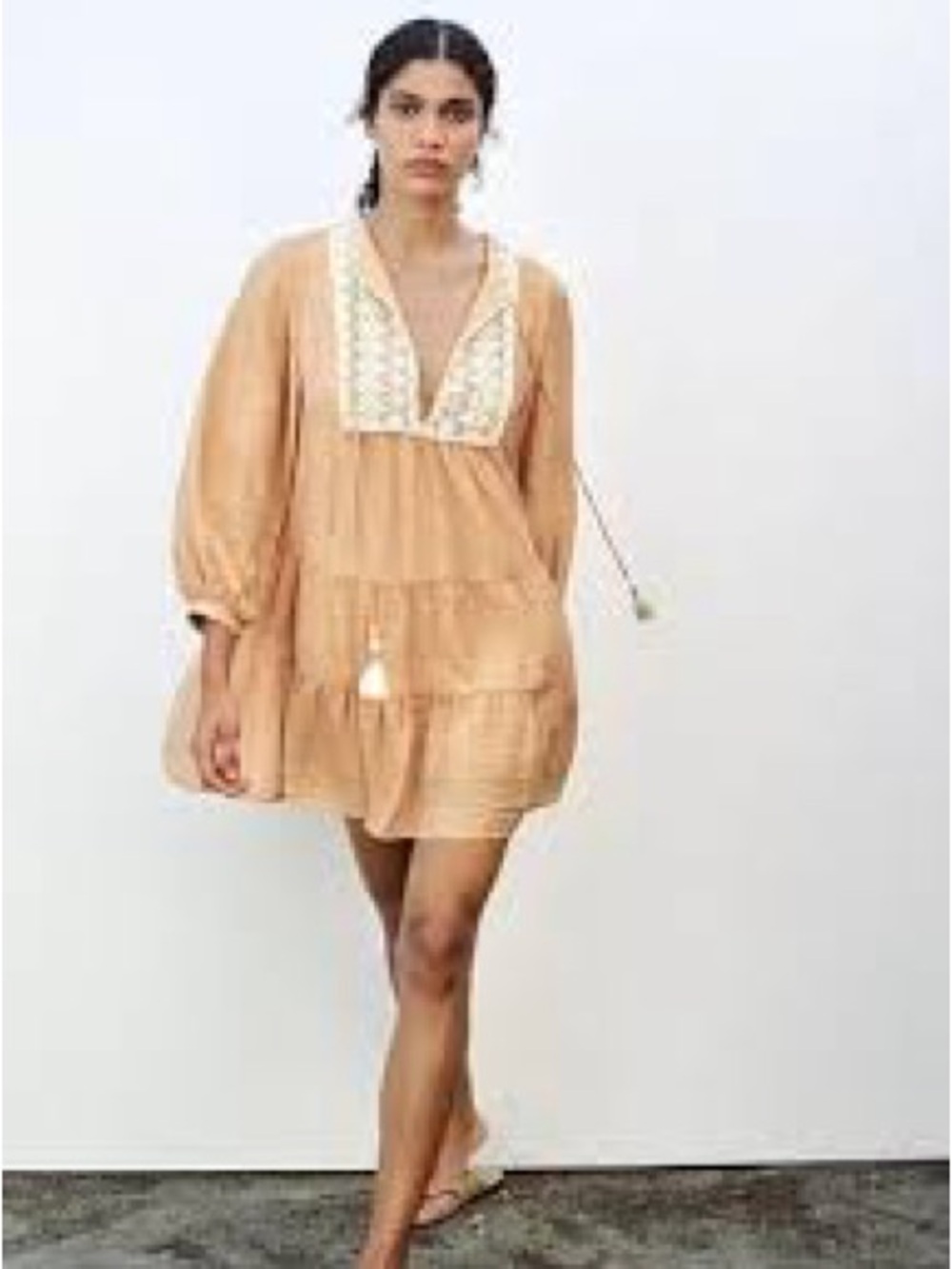 ZARA NWT Boho Embroidered Lace Mini Dress Tunic Peach Orange Size L